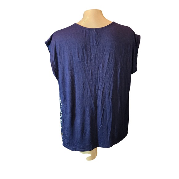 Papermoon Womens Blouse Navy Blue XL Floral Mixed Media Split V-Neck Cap Sleeve - Picture 4 of 7